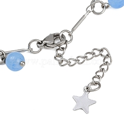 201 Stainless Steel Moon Star & Natural Dyed Malaysia Jade Round Charm Brass Bar Link Chain Anklets&nbsp;AJEW-AN00732-02