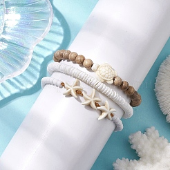 3Pcs 3 Styles Tortoise Round Wood & Disc Sea Shell Beaded Stretch Bracelet Sets&nbsp;BJEW-JB10311