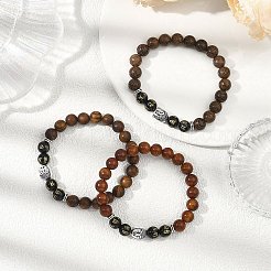 3Pcs Round Wooden & Natural Obsidian Carved Om Mani Padme Hum Beads Stretch Bracelets&nbsp;BJEW-JB12670