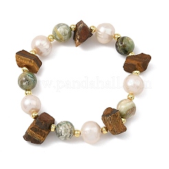 Raw Natural Tiger Eye & Round Green Line Jasper Beaded Stretch Bracelets&nbsp;BJEW-JB14287-02