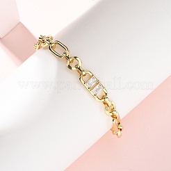 Ring & Paperclip Brass Micro Pave Cubic Zirconia Link Chain Bracelets for Women&nbsp;BJEW-D458-05G-02