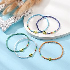 Acrylic Smiling Face & Seed Beaded Stretch Bracelet&nbsp;BJEW-JB09490
