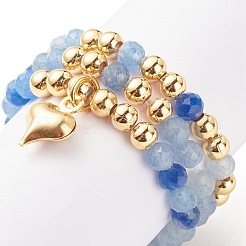 3Pcs 3 Style Natural Gemstone & Brass Beaded Finger Rings with 304 Stainless Steel Heart Charms for Women&nbsp;RJEW-JR00471