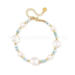 Faceted Round Natural Larimar and Keshi Pearl Coin Beaded Bracelets&nbsp;BJEW-JB14469