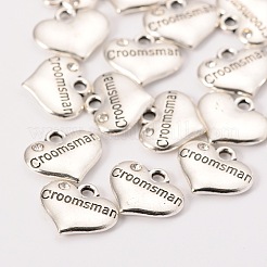Wedding Theme Antique Silver Tone Tibetan Style Heart with Groomsman Rhinestone Charms&nbsp;TIBEP-N005-02C