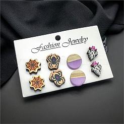 Halloween Spider Ghost Spider Web Wood Stud Earring Sets&nbsp;EJEW-OY002-02