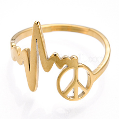 Ion Plating(IP) 304 Stainless Steel Heart Bit with Peace Sign Adjustable Ring&nbsp;RJEW-T027-04G