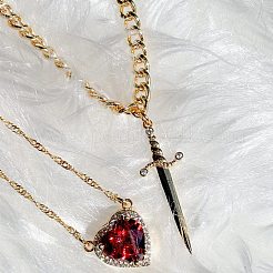 2Pcs Sword & Heart Zinc Alloy Light Siam Rhinestone Pendant Double Layer Necklaces for Women&nbsp;FS-WG484C5-01