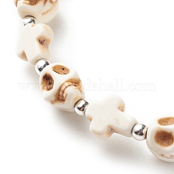 Synthetic Turquoise(Dyed) Cross & Skull Beaded Stretch Bracelet&nbsp;BJEW-JB08452-01