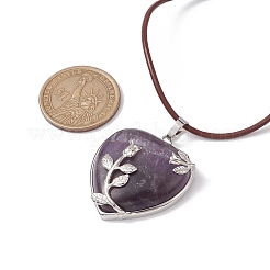 Natural Amethyst Heart Pendant Necklace with Cowhide Leather Cords&nbsp;NJEW-JN04598-01