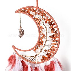 Gemstone Chips Beaded Tree of Life Moon with Feather Pendant Decorations&nbsp;HJEW-M004-14