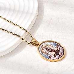 Unisex Religion 304 Stainless Steel Enamel Oval Pendant Box Chain Necklaces&nbsp;STAS-H258-02G-02