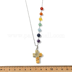 Chakra Natural Crazy Agate Religion Cross Pendant 304 Stainless Steel Cable Chain Necklaces for Women&nbsp;NJEW-JN06268-02