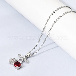 Brass Pave Clear and Red Cubic Zirconia Cherry Pendant 304 Stainless Steel Cable Chain Necklaces for Women&nbsp;NJEW-H092-05P