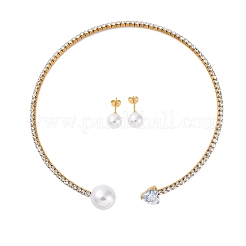 Round Plastic Imitation Pearl Stud Earrings & Heart Cubic Zirconia Rhinestone Cuff Choker Necklaces Sets&nbsp;SJEW-U003-10G