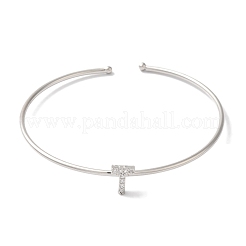 Rack Plating Brass Micro Pave Clear Cubic Zirconia Letter Open Cuff Bangles&nbsp;BJEW-A018-01P-T