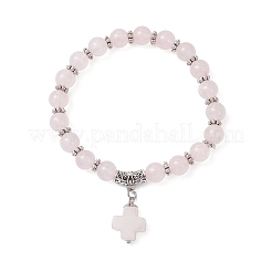 Natural Rose Quartz Cross Charm Bracelets&nbsp;BJEW-JB12259-01