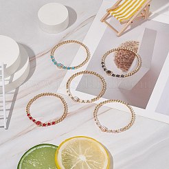 5Pcs 5 Colors Alloy Enamel Smiling Face & Brass & Glass Beaded Stretch Bracelets Set for Women&nbsp;BJEW-JB08774