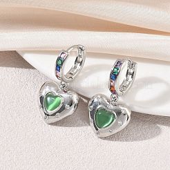 Brass Micro Pave Cubic Zirconia and Cat Eye Beads Heart Hoop Dangle Earrings&nbsp;KK-CBAD9DF-01P