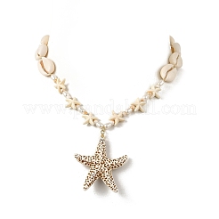 Summer Beach Adjustable Acrylic Starfish Pendant Natural Cowrie Shell & Synthetical Turquoise & Imitation Pearl Beaded Braided Necklaces for Women&nbsp;NJEW-JN06374