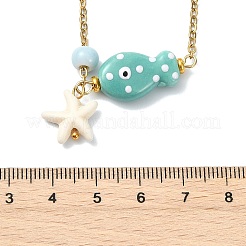Ocean Synthetic Turquois Starfish & Handmade Porcelain Fish Pendant 304 Stainless Steel Cable Chain Necklaces&nbsp;NJEW-JN06139