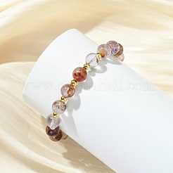 Round Natural Rutilated Quartz & Brass Beaded Stretch Bracelets for Women&nbsp;BJEW-JB14054