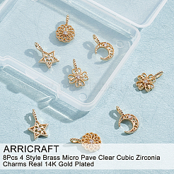 8Pcs 4 Style Brass Micro Pave Clear Cubic Zirconia Charms&nbsp;ZIRC-AR0001-16