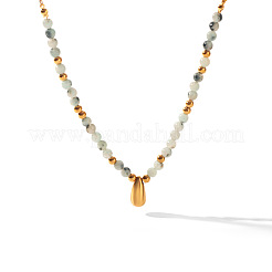 304 Stainless Steel Teardrop Pendant Natural African Turquoise(Jasper) Round Beaded Necklaces for Women&nbsp;WGE7304-01