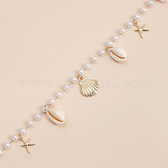 Natural Shell  and Iron Starfish Tassel Imitation Pearl Link Chain Waist Chains for Women&nbsp;AJEW-CP0011-35B