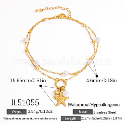 Summer Beach 304 Stainless Steel Pave Clear  Cubic Zirconia & White Round Plastic Pearl Charm Double Layer Anklets&nbsp;FS-WG119D8-02