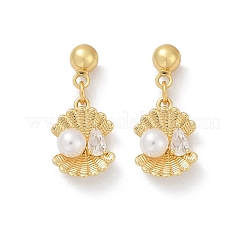 Shell Shape Brass Micro Pave Clear Cubic Zirconia Dangle Stud Earrings&nbsp;EJEW-F895-13G