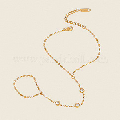 304 Stainless Steel Cable Chain Bracelets, Cubic Zirconia Flat Round Link Ring Bracelets for Women, Real 18K Gold Plated, Inner Diameter: 6-1/4 inch(16cm)
