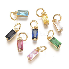 Brass Micro Pave Cubic Zirconia Charms, Cadmium Free & Lead Free, Birthstone Charms, Long-Lasting Plated, with Jump Ring, Real 18K Gold Plated, Rectangle, Mixed Color, 10x3x3mm, Hole: 3mm
