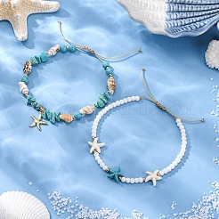 2Pcs 2 Styles Summer Beach Synthetic Turquoise & Natural Sea Shell & Glass Braided Bead Anklets&nbsp;AJEW-TA00039