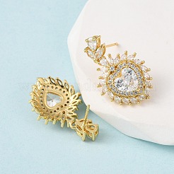 Heart Brass Micro Pave Clear Cubic Zirconia Dangle Stud Earrings&nbsp;EJEW-D346-08G