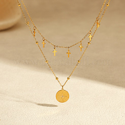 304 Stainless Steel Crystal Rhinestone Coin and Cross Pendant Double Layer Necklaces for Women&nbsp;WGAADCF-01