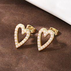 Brass ABS Plastic Pearl Hollow Heart Stud Earrings&nbsp;EJEW-L275-14G-01