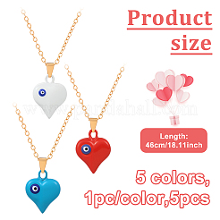 5Pcs 5 Colors Alloy Heart with Evil Eye Pendant Necklace for Women&nbsp;NJEW-HY0001-24
