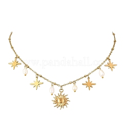 304 Stainless Steel & 201 Stainless Steel Sun Star Pendant Necklaces with Natural Pearl Beads for Women&nbsp;NJEW-JN06527