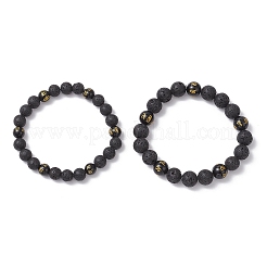 2Pcs 2 Styles Natural Lava Rock & Obsidian Om Mani Padme Hum Round Beaded Stretch Bracelet Sets&nbsp;BJEW-JB12247