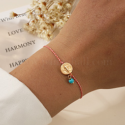 Summer Brass Cross Coin & Synthetic Turquoise Link Braided Bracelets for Women Men&nbsp;NW9069-2