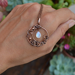 Copper Wire Wrapped Moon with Synthetic Moonstone Drop  Pendant Necklaces&nbsp;FS-WG5A52F-01