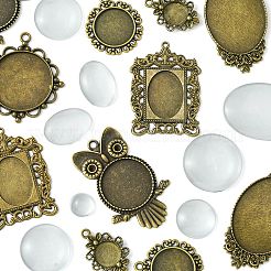 DIY Blank Owl/Round Glass & Tibetan Style Alloy Pendant Making Kits&nbsp;DIY-FS0006-11