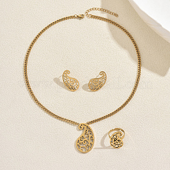 Stainless Steel Hollow Teardrop Pendant Necklace & Stud Earrings & Ring Sets for Women&nbsp;AU4910