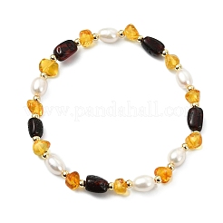 Natural Amber & Cultured Freshwater Pearl Beaded Stretch Bracelets for Women&nbsp;BJEW-JB13699-01
