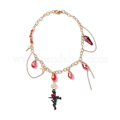 Teardrop Glass & Cross Alloy Pendant Necklaces&nbsp;NJEW-JN04962