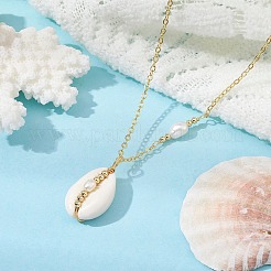 Natural Shell Pendant Necklace with Brass Cable Chains&nbsp;NJEW-JN04472