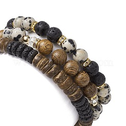 3Pcs 3 Style Natural Lava Rock & Dalmation Jasper & Coconut Beaded Stretch Bracelets Set&nbsp;BJEW-JB09810