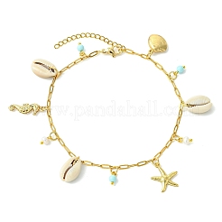 Ocean Natural Cowrie Shell & 304 Stainless Steel Starfish & Dyed Round Natural Howlite Charm Anklets for Women&nbsp;AJEW-AN00819