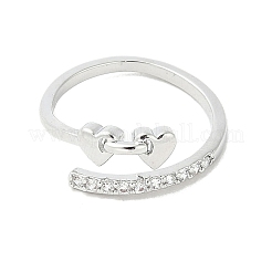 Heart Brass Micro Pave Cubic Zirconia Open Cuff Ring for Women&nbsp;RJEW-A040-01P